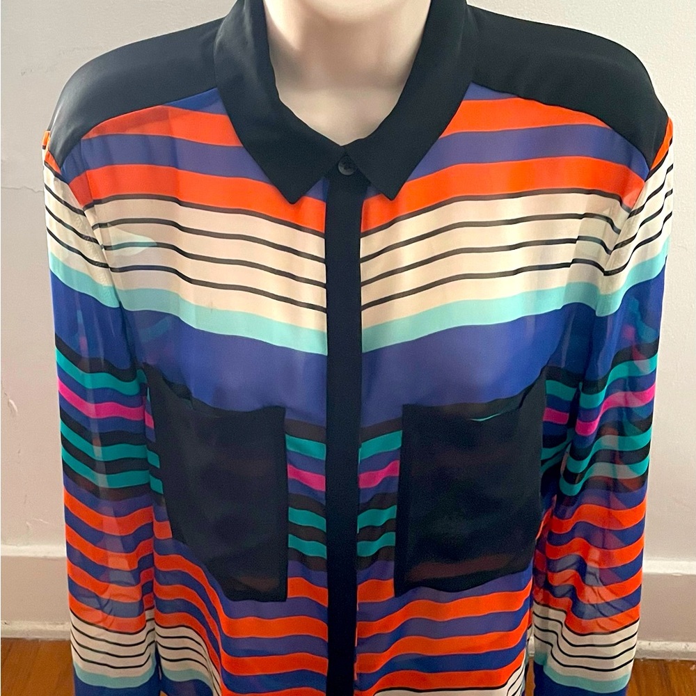 Bisou Bisou sheer button up striped multicolored blouse size M bohemian festival